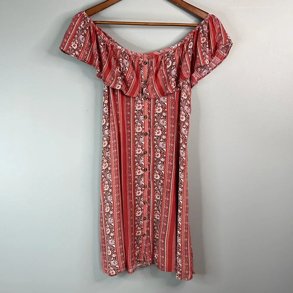AMERICAN EAGLE Ruffled Off The Shoulder Dress Rusty Pink Fit & Flare Buttoned S - Picture 11 of 11